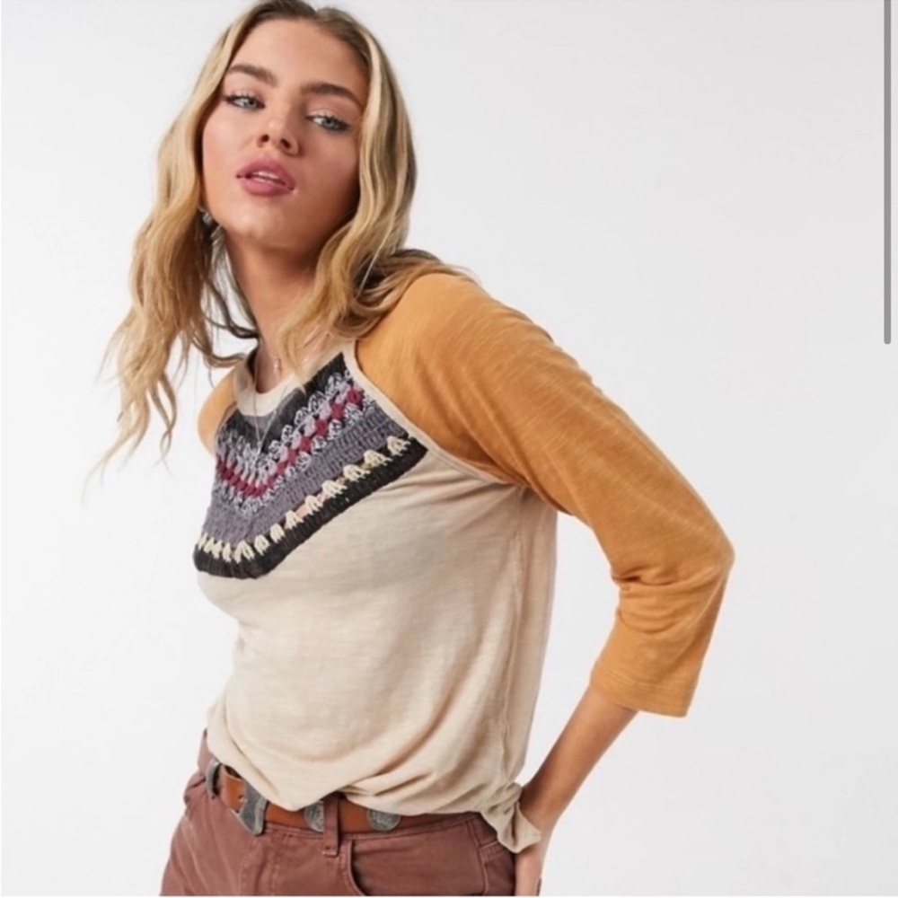 We The Free knitted detail boho top blouse baseball tee size XS oversized